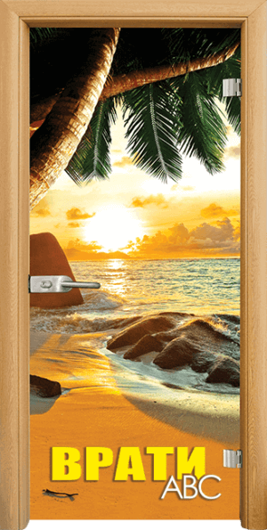 Стъклена врата модел print G-13-14 Beach sunset, цвят Светъл дъб