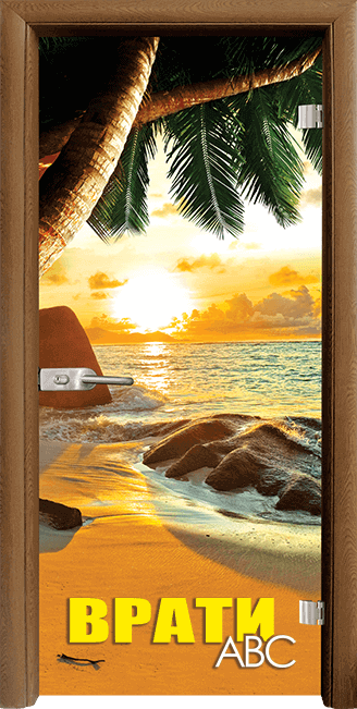 Стъклена врата модел print G-13-14 Beach sunset, цвят Златен дъб